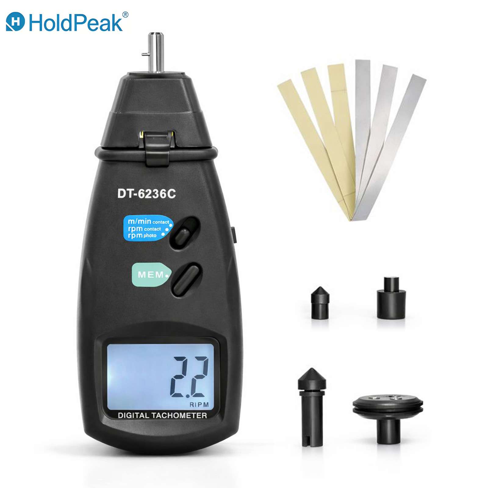 Industrial Laser Tachometer - เครื่องวัดความเร็วรอบแบบสัมผัสและเลเซอร์ HoldPeak 2.5-99999RPM ±0.05% ความแม่นยำ บันทึกข้อมูลความเร็วพื้นผิว