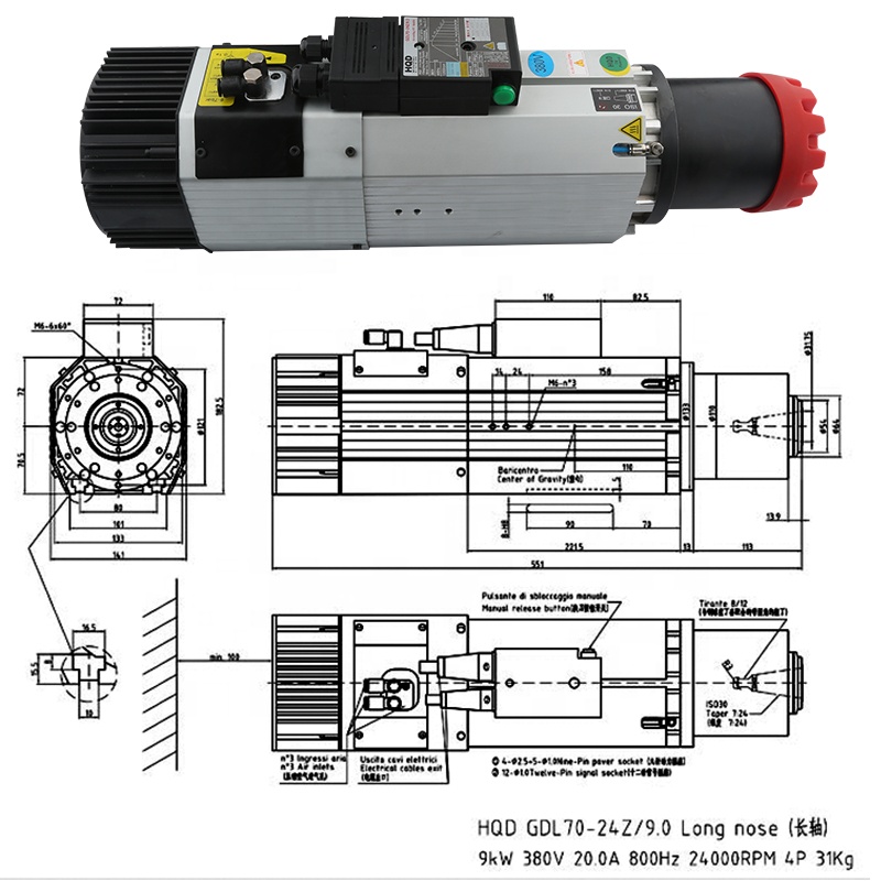 Cnc Spindle Motor - มอเตอร์แกนหมุน HQD 9kw 220v 380v แบบหัวยาว