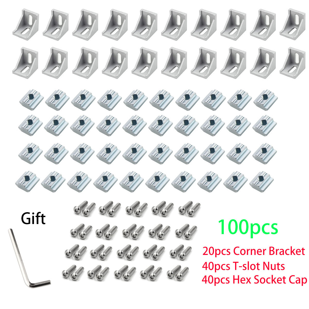 Aluminum T-Slot Profile - 100pcs 2020 โปรไฟล์อลูมิเนียมชุดเชื่อมต่อ 20pcs มุม +