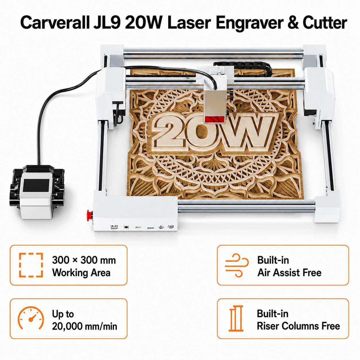 Industrial Laser Cutting - เครื่องแกะสลักเลเซอร์ Carverall JL9 20W, เครื่องแกะสลักเลเซอร์แบบตั้งโต๊ะขนาด 300x300