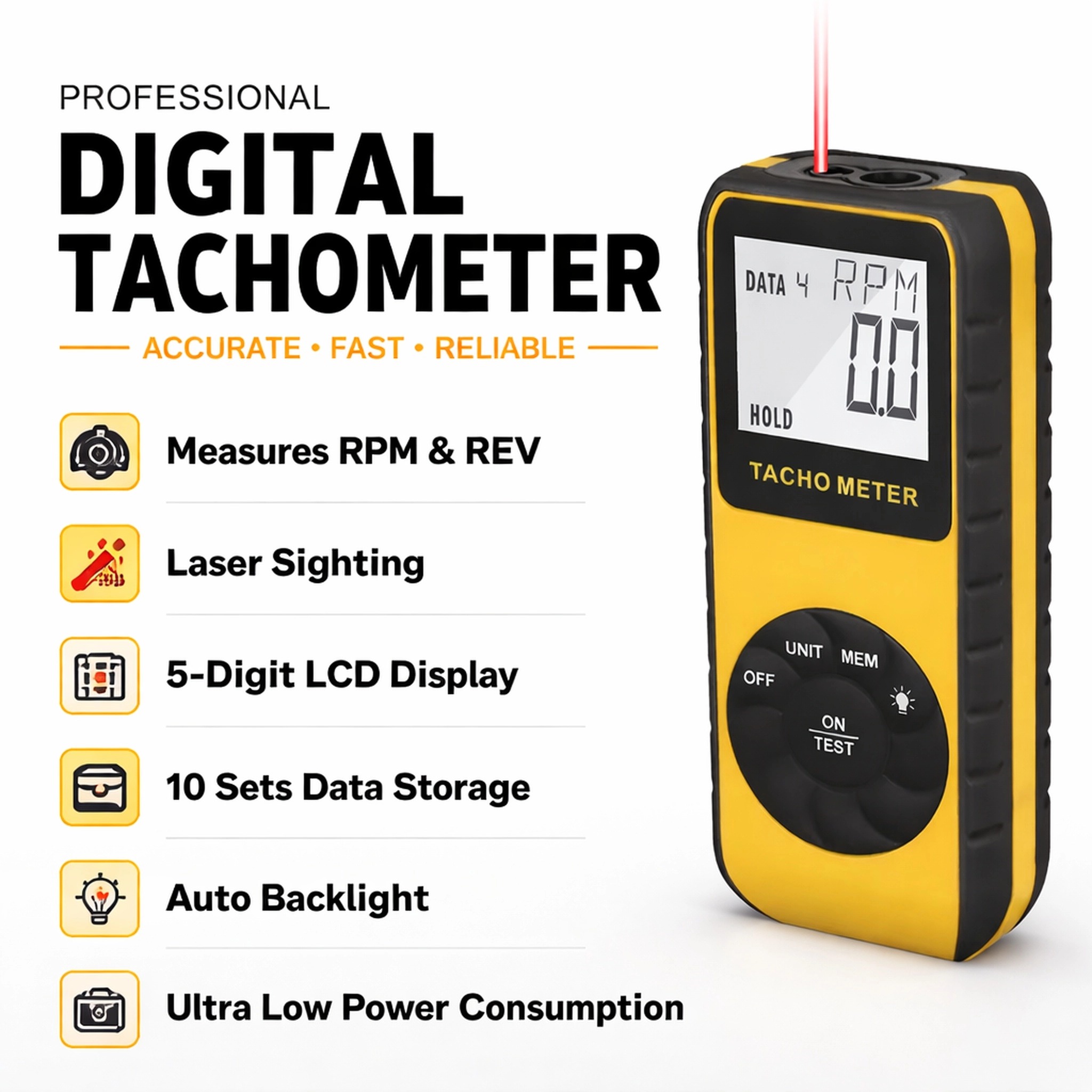 Industrial Laser Tachometer - เครื่องวัดความเร็วรอบแบบดิจิตอลแบบไม่สัมผัส 7-99999 รอบต่อนาที จอ LCD 5